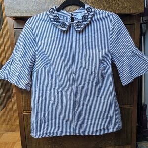 Blue and White Striped Embellished Peter Pan Collar Top